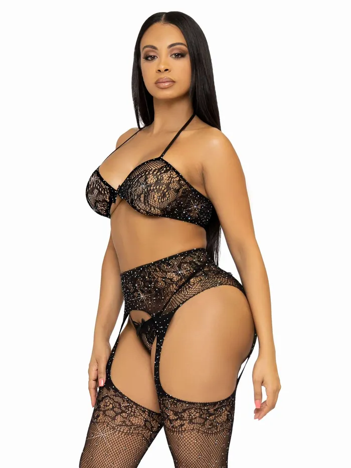 Anal 3 Pc Rhinestone Bra Top GString and Garter Belt Stockings One Size Black Leg Avenue Anal 3 Pc Rhinestone Bra Top GString and Garter Belt Stockings One Size Black Leg Avenue