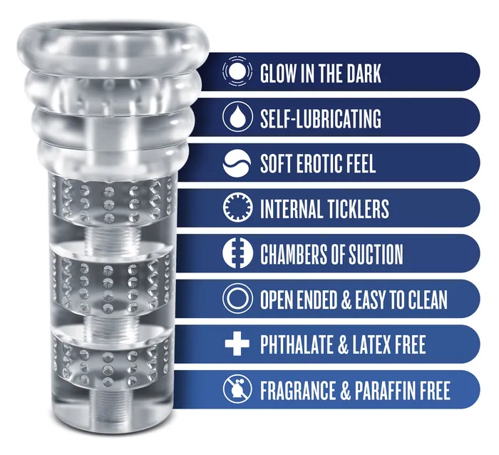 Blush Male Sex Toys Rize Luz Glow in the Dark Self Lubricating Stroker Clear Blush Male Sex Toys Rize Luz Glow in the Dark Self Lubricating Stroker Clear