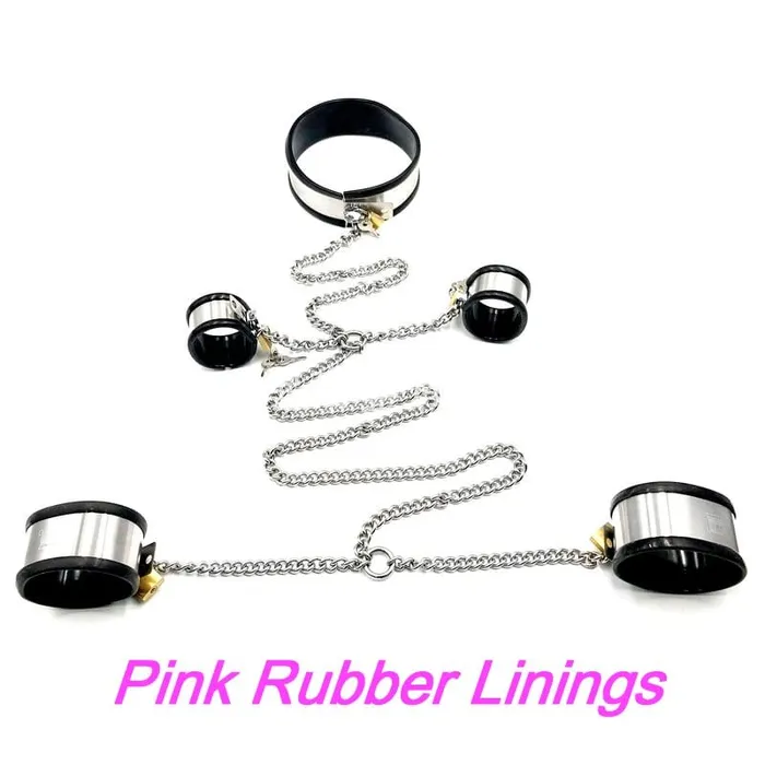 Dildos Moonwell 0262M 5Piece Stainless Steel Collar Cuffs Leash Bondage Set with Pink Rubber Lining Dildos Moonwell 0262M 5Piece Stainless Steel Collar Cuffs Leash Bondage Set with Pink Rubber Lining