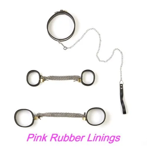 Dildos Moonwell 0262M 5Piece Stainless Steel Collar Cuffs Leash Bondage Set with Pink Rubber Lining