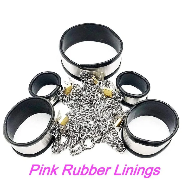Dildos Moonwell 0262M 5Piece Stainless Steel Collar Cuffs Leash Bondage Set with Pink Rubber Lining