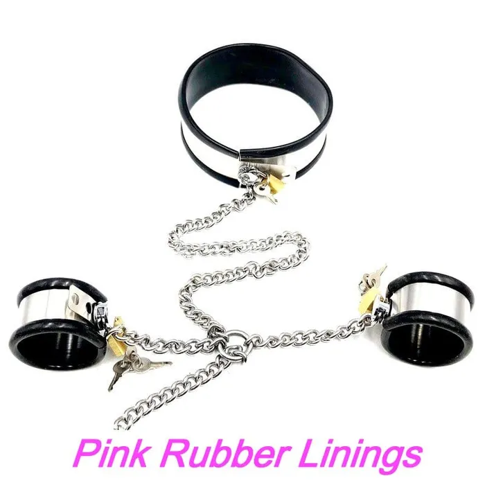 Dildos Moonwell 0262M 5Piece Stainless Steel Collar Cuffs Leash Bondage Set with Pink Rubber Lining
