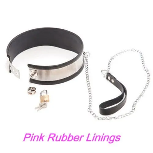 Dildos Moonwell 0262M 5Piece Stainless Steel Collar Cuffs Leash Bondage Set with Pink Rubber Lining